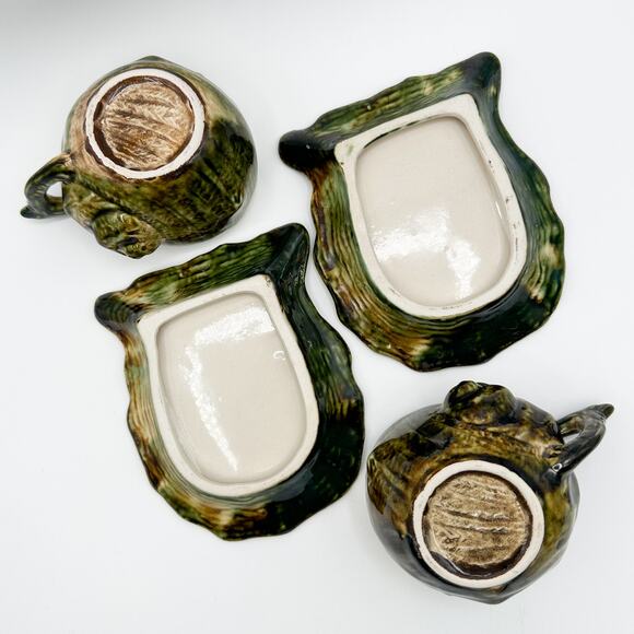 Majolica Tea Cup and Saucers Vintage Barbotine Shell Oyster Green Glaze Pair - Picture 8 of 13